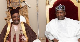 L-R: Emir of Lafia, HRH. Dr. Isa Mustapha Agwai and Chairman, Aliko Dangote Foundation, Aliko Dangote at the Emir’s Palace during a courtesy visit by the Board of Dangote Foundation to the Palace of the emir at the weekend.