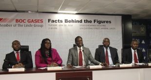 L – R show Mr. Tony Ibeziako, Ag. Head, Listing Business Division, The Nigerian Stock Exchange (NSE); Ms Tinuade Awe, Executive Director Regulation, NSE; Mr. Ayodeji Oseni, Managing Director, BOC Gases Plc; Mr. Adeshina Alayaki, Finance Director, BOC Gases Plc; Mr. Bolaji Adisa, Human Resources Manager, BOC Gases Plc during the Facts Behind the Figures presentation at the Exchange today